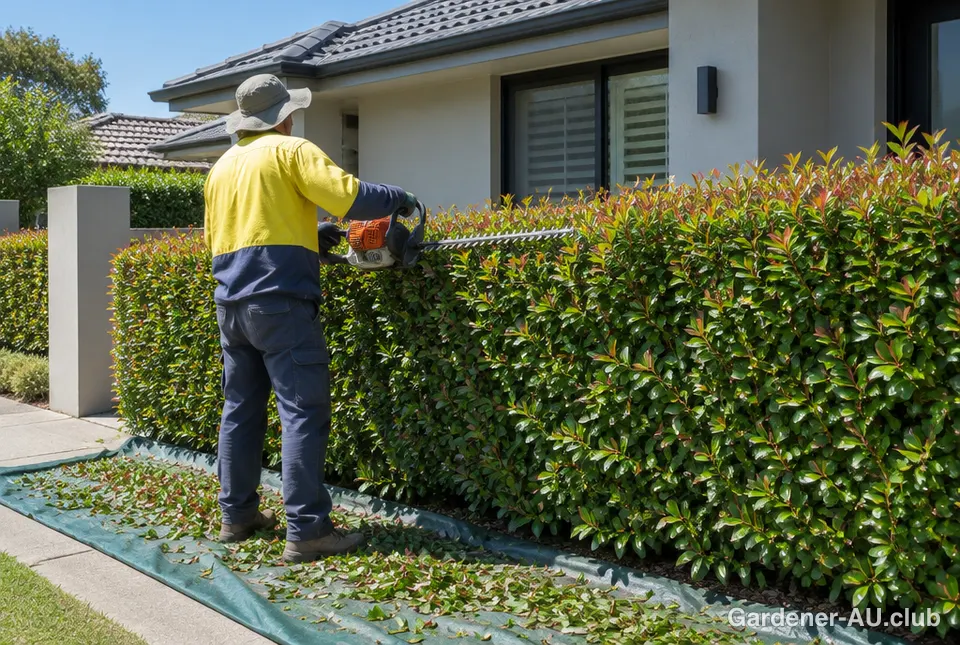 A gardener trimming a lilly pilly hedge in front of a rendered suburban home