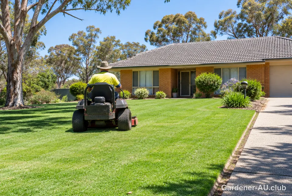 A lawn mowing contractor on a ride-on mower in front of a brick home with gum trees